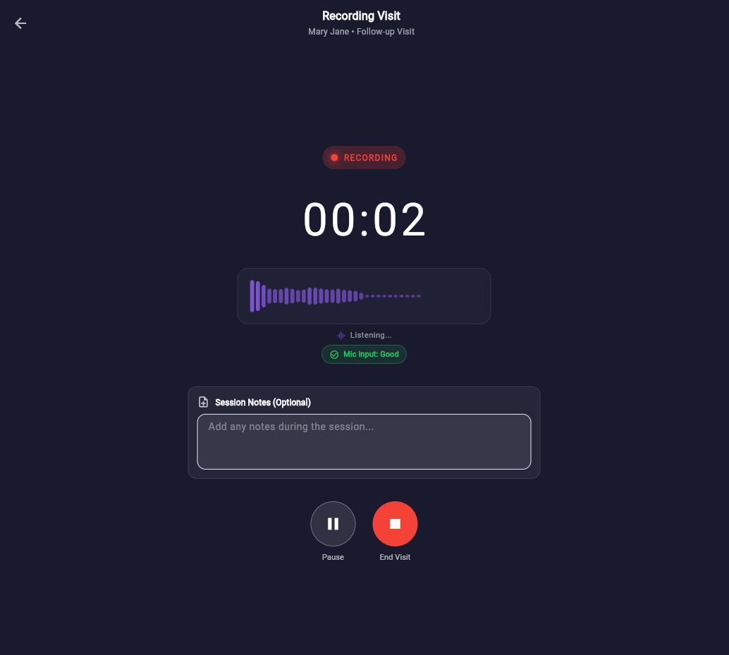Recording in progress — live waveform, timer, and session notes
